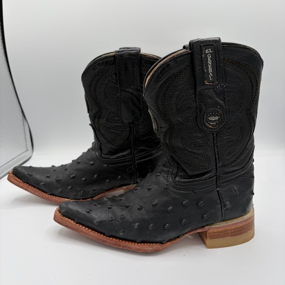 El General Toddler Kids 8.5 Black Leather Ostrich‎ Print Square Toe Cowboy Boots